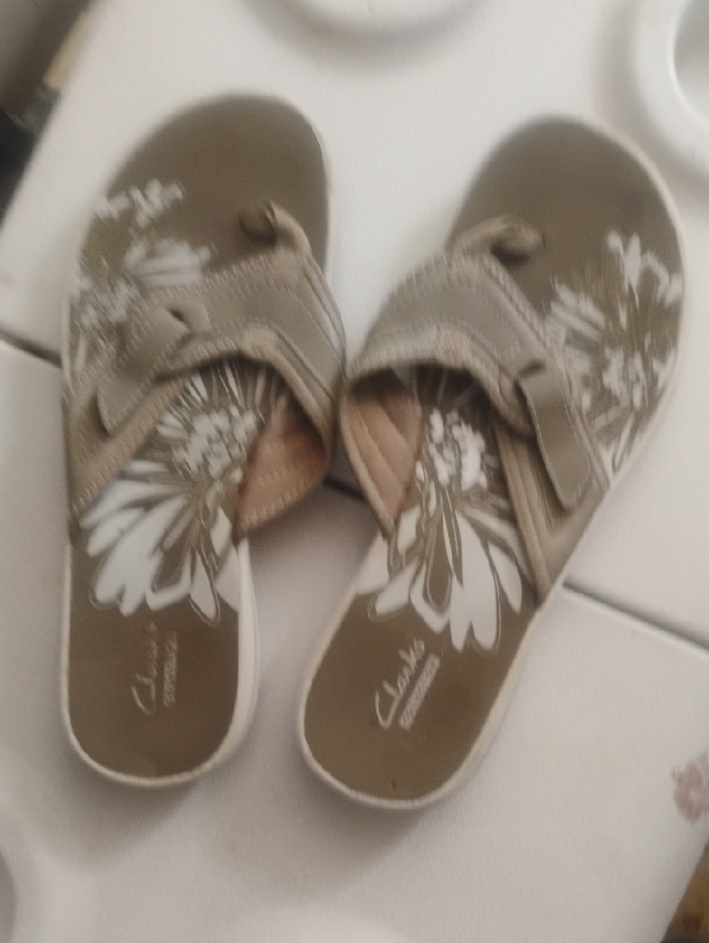 Clarks Taupe Floral Slide Mules